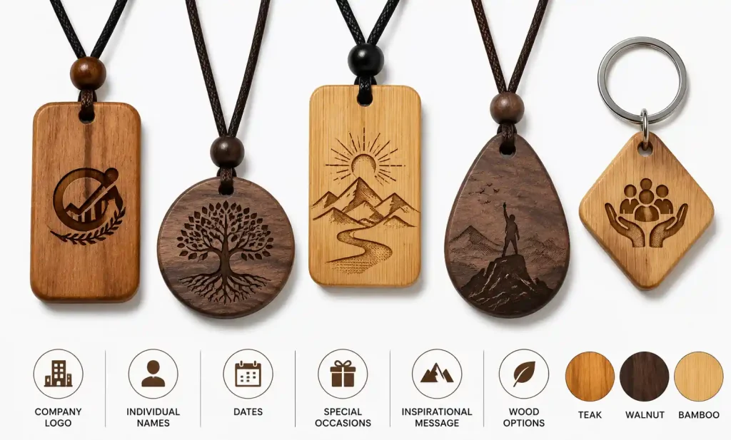 Collection of personalized wooden pendants with different engraving styles
