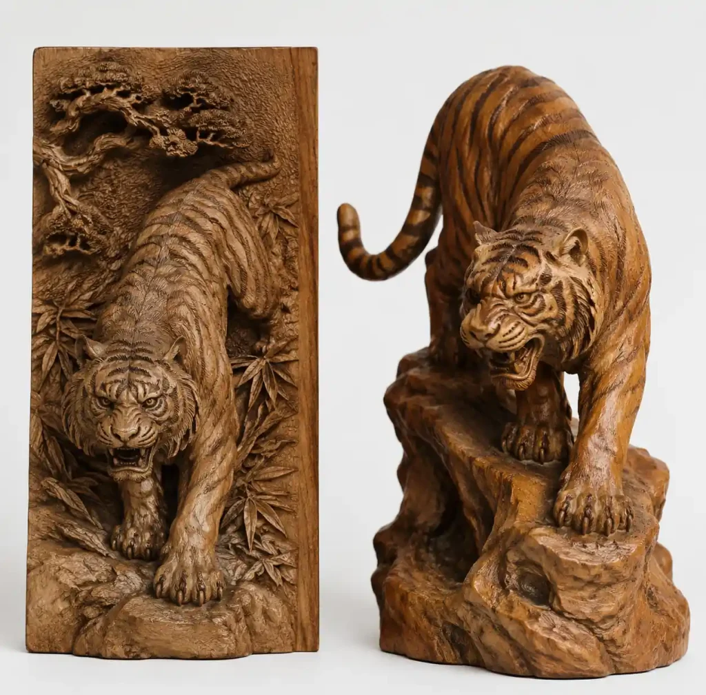relief carved wooden animal panel next to three dimensional sculpture showing technique differences