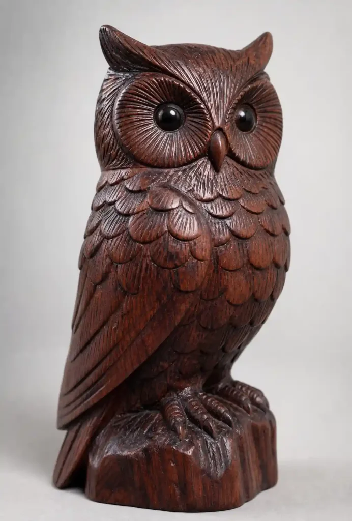 Close-up of rosewood owl figurine showing detailed feather carving