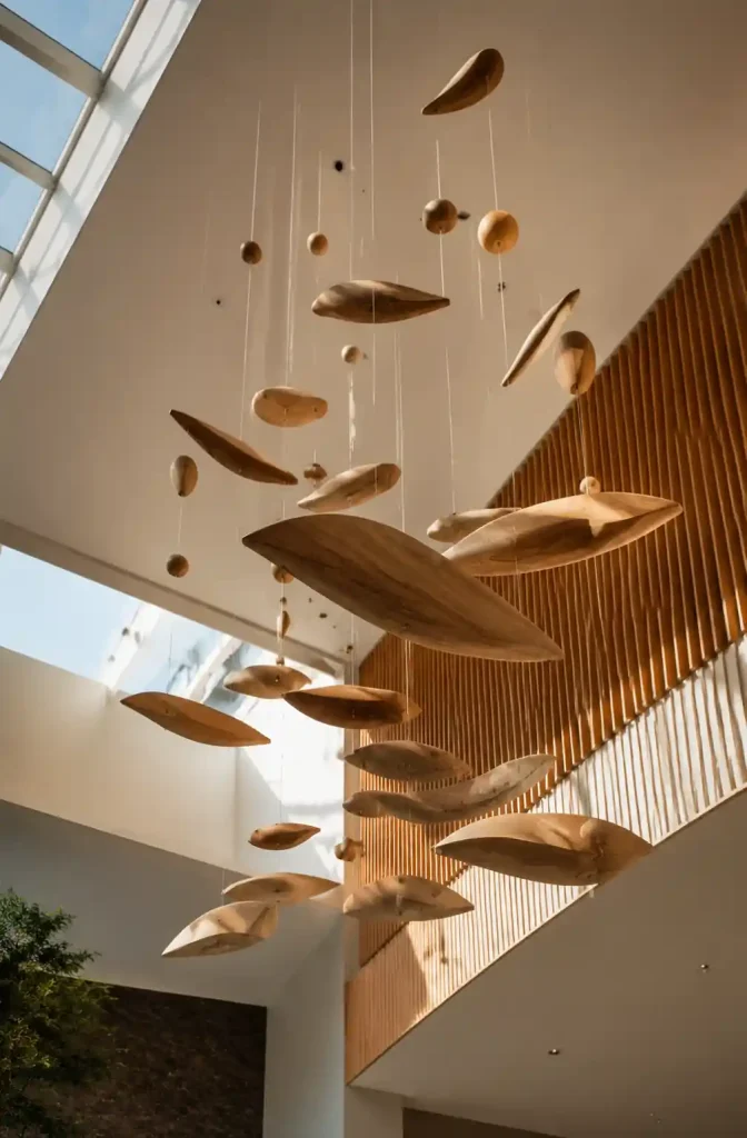 Suspended kinetic wooden mobile with multiple carved elements in hotel atrium