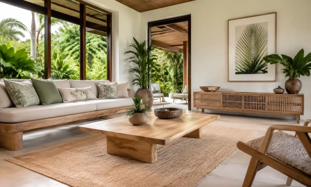 tropical modern living room featuring light wood furniture with clean lines and open airy design