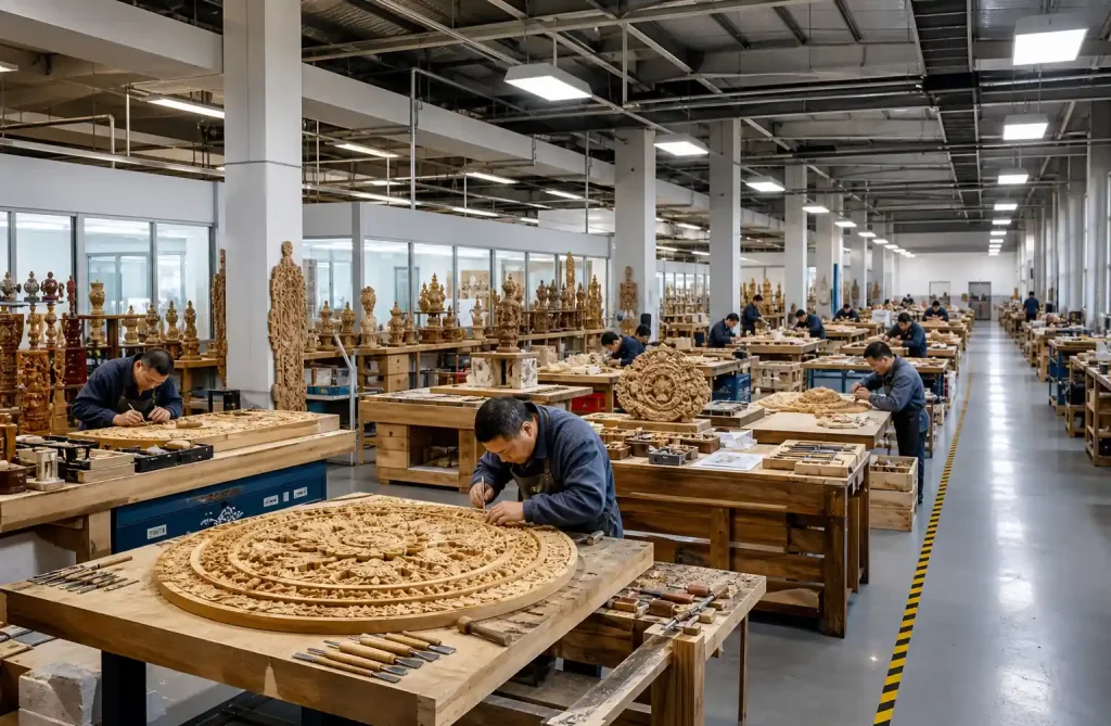 Modern Chinese wood carving production facility showing organized workstations and quality control process