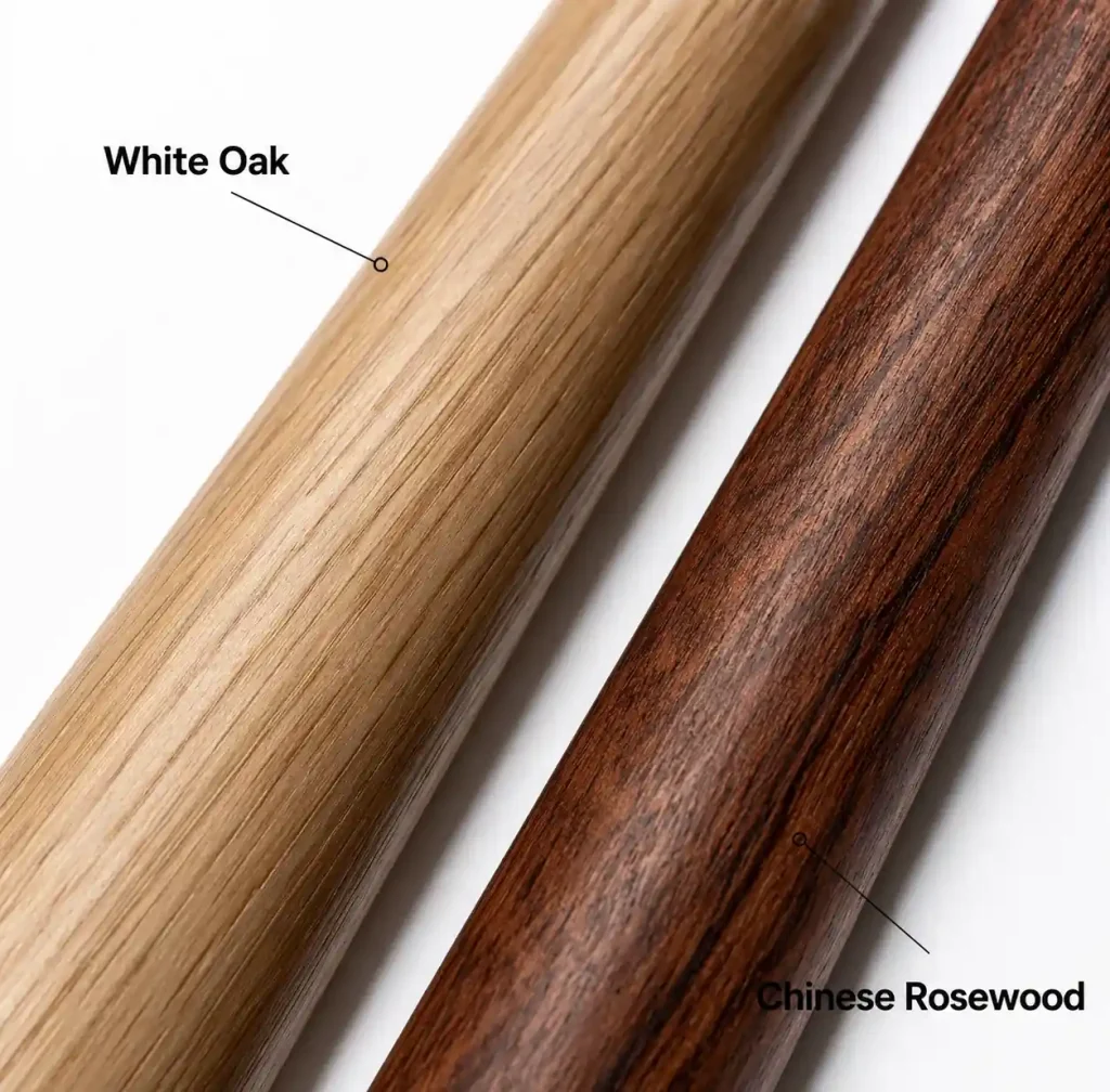 Close-up comparison of white oak and rosewood grain patterns on wooden weapons