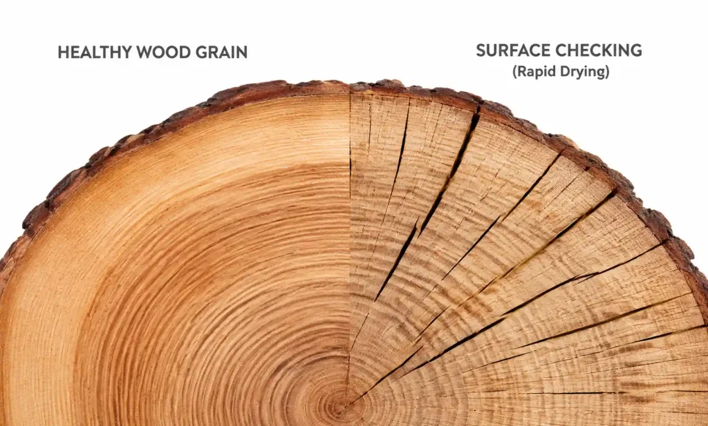 Close-up of wood grain showing surface checking and crack formation