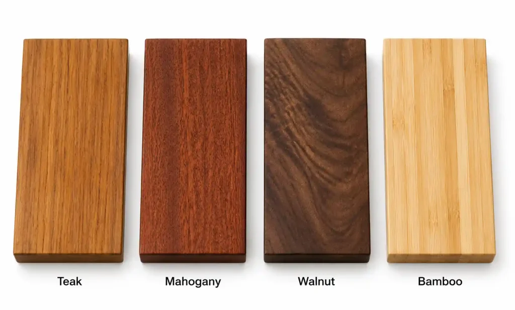 Different wood species samples showing teak, mahogany, walnut, and bamboo grain patterns
