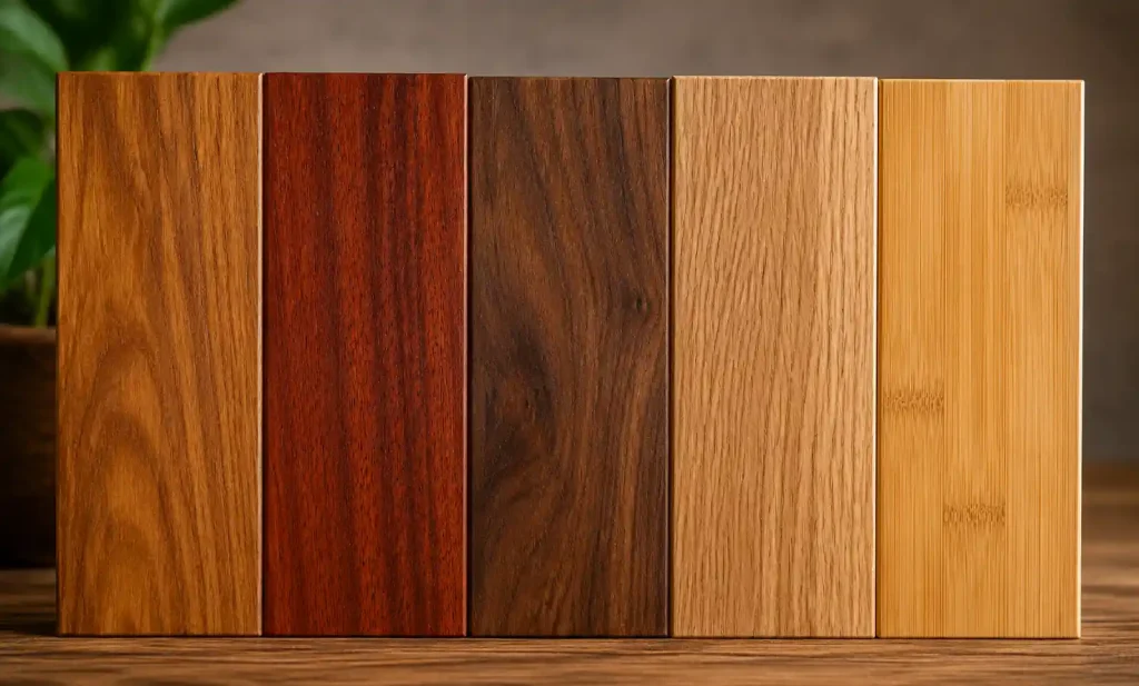 Comparison of different wood types including teak, mahogany, walnut, and oak showing grain patterns and color variations