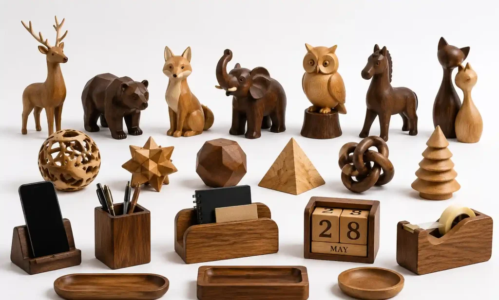 Collection of wooden animal carvings and geometric desktop decorations