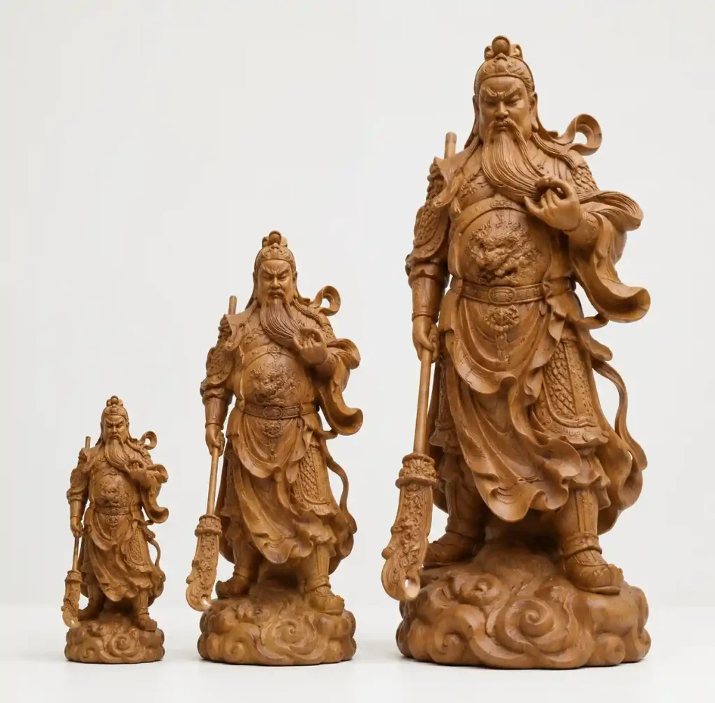 Three different sizes of wooden office sculptures displayed together