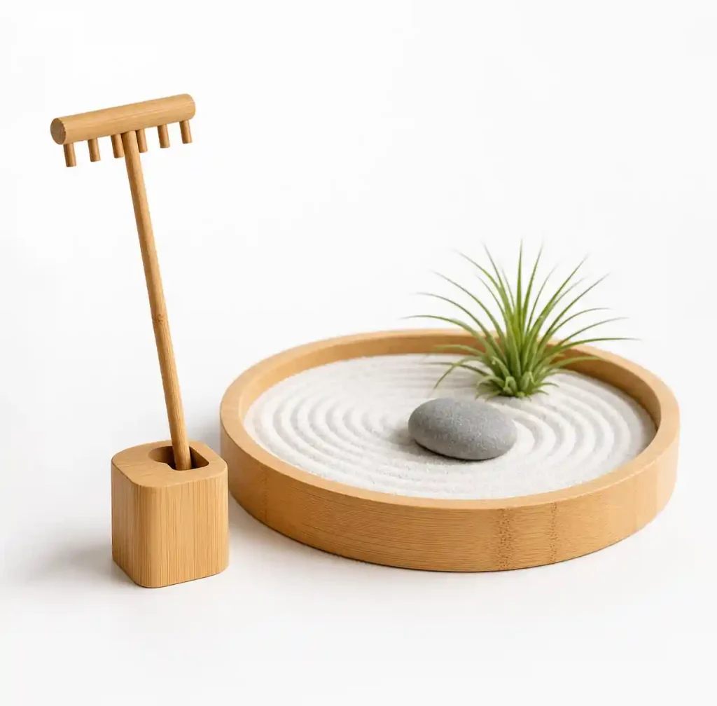 Miniature bamboo zen garden rake with wooden holder on desk