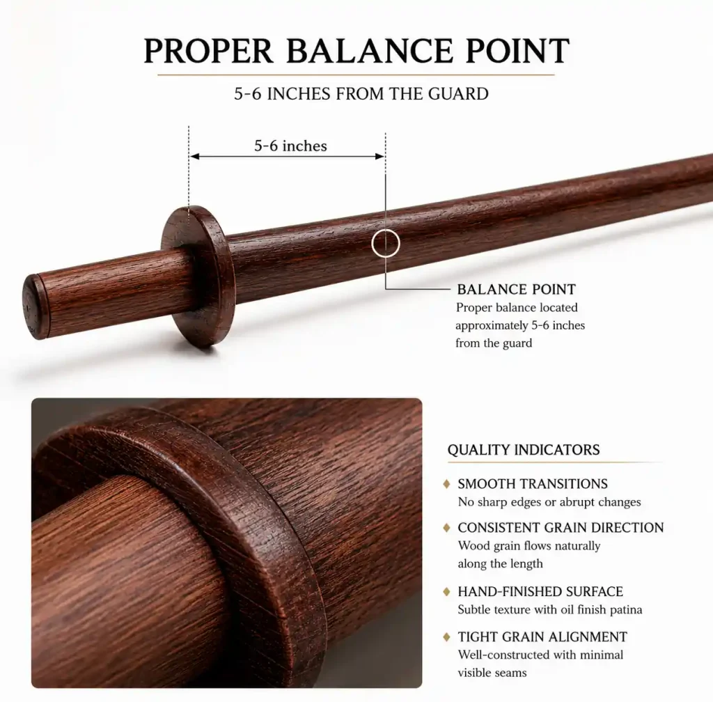 Close-up comparison of white oak and rosewood grain patterns on wooden weapons