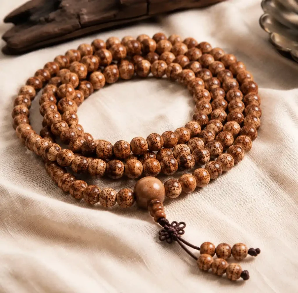 traditional 108 bead sandalwood mala bracelet with guru bead for buddhist meditation