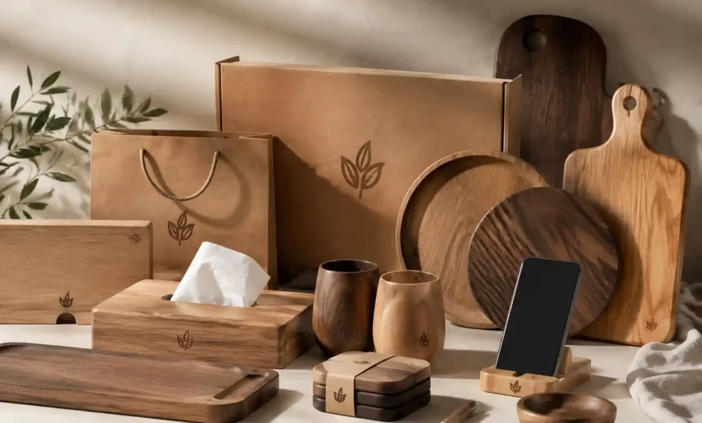 Collection of custom branded wooden products showing logo integration and design variations