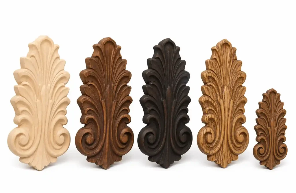 Custom wood carving design samples showing multiple finish options and style variations
