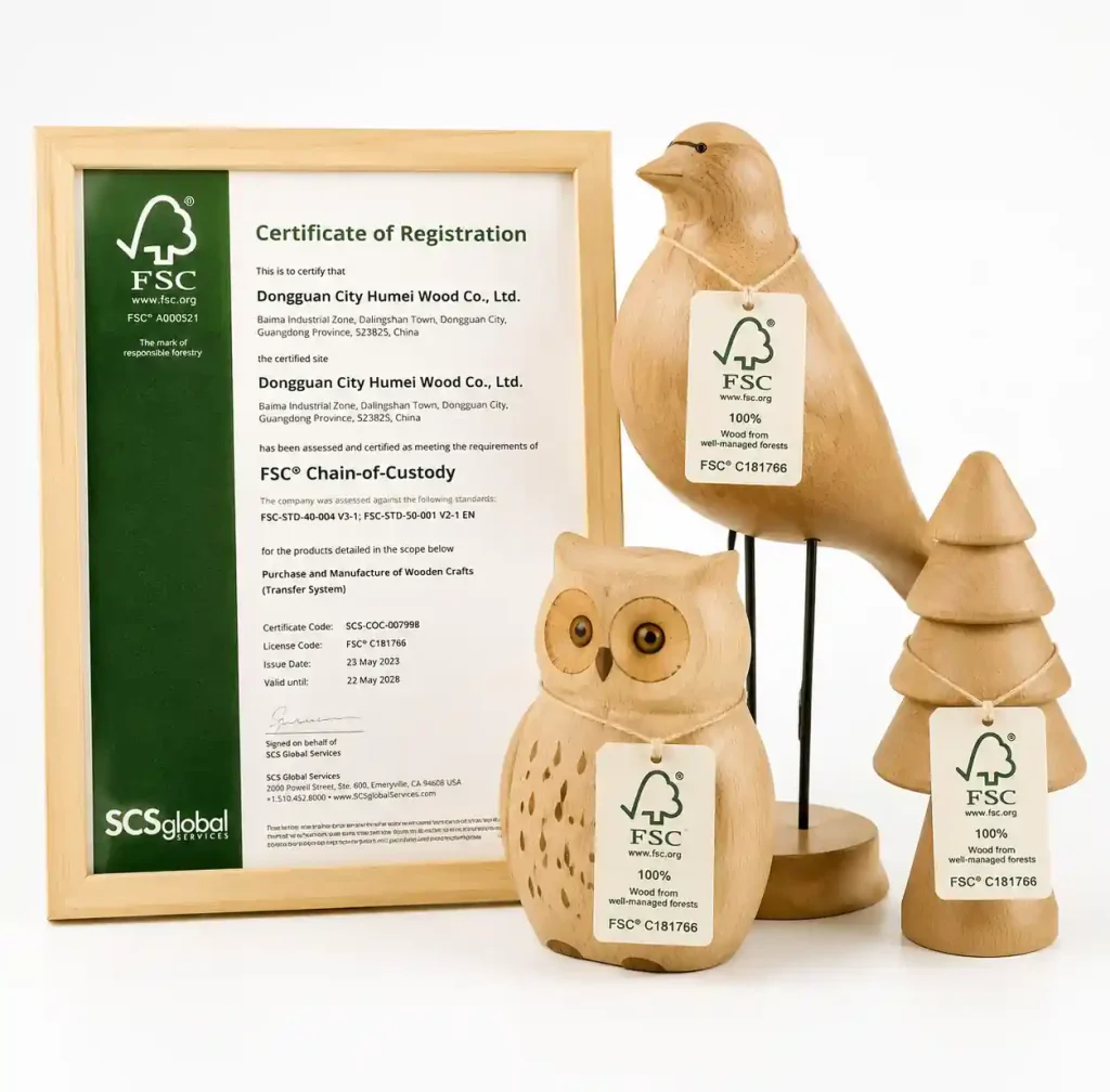 FSC certified wooden products with chain of custody documentation and certification label