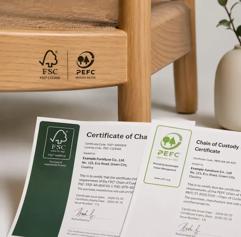 FSC and PEFC certification labels on sustainable wooden furniture with chain of custody documentation