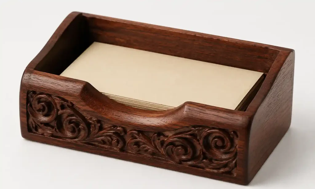 Hand-carved rosewood business card holder with natural grain detail