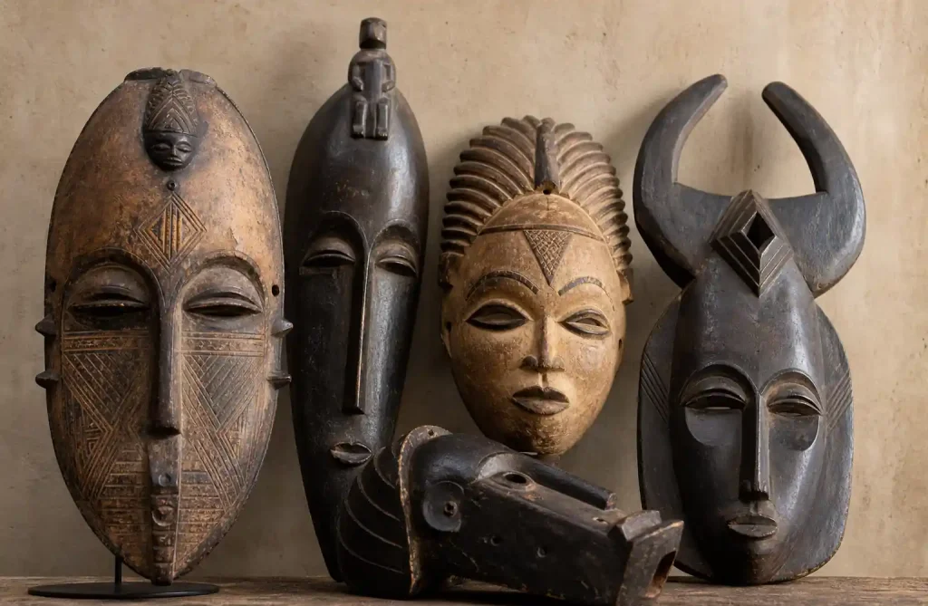 Traditional West African wooden masks showing tribal carving styles and ceremonial designs