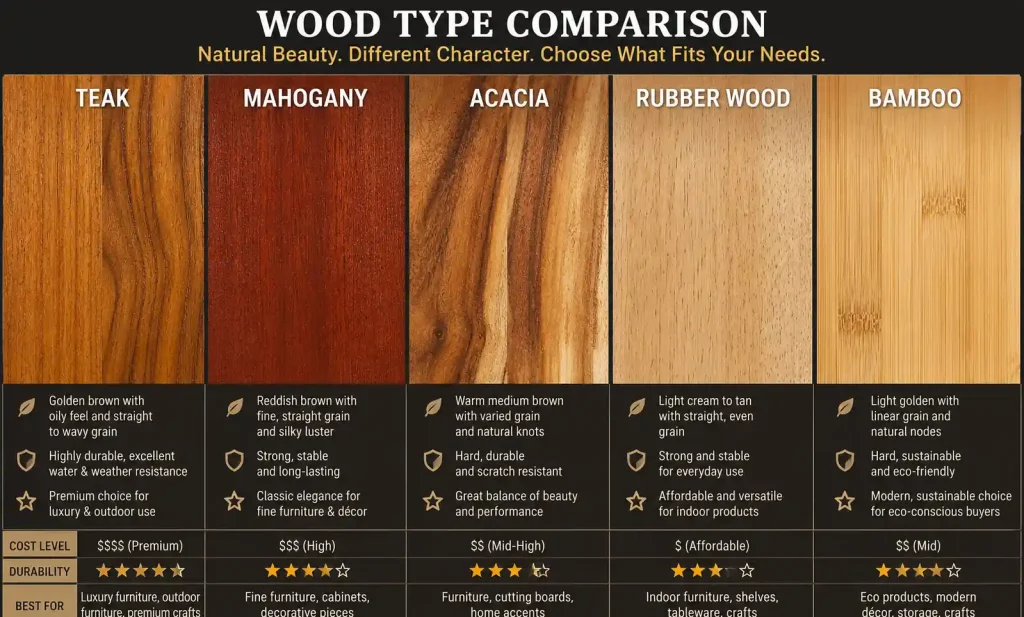 Comparison of different wood species including teak, mahogany, acacia, rubber wood showing grain and color variations