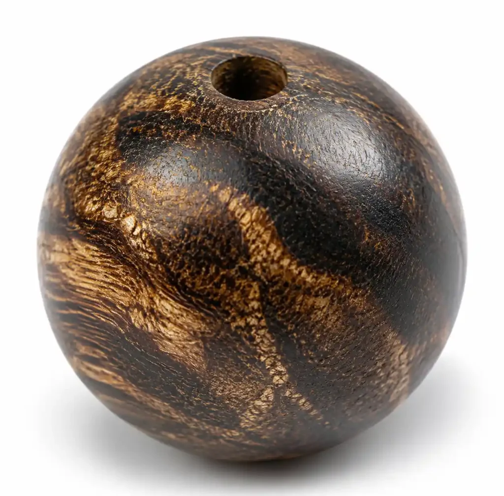 Close-up of genuine agarwood bead showing natural resin patterns and grain