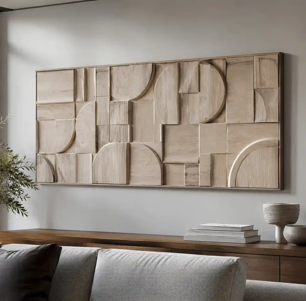 large carved wooden wall art panel with geometric relief pattern in light wood tone