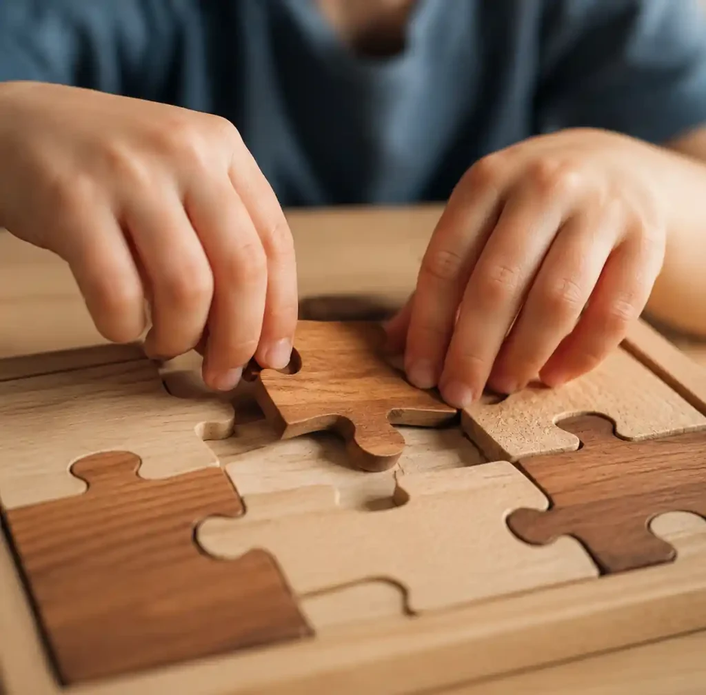 Close-up of child's hands manipulating wooden puzzle pieces showing fine motor skill development