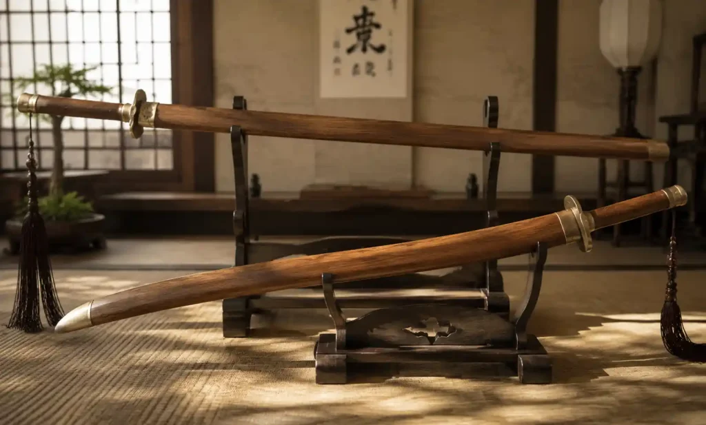 Chinese wooden jian straight sword and dao saber for martial arts training and display