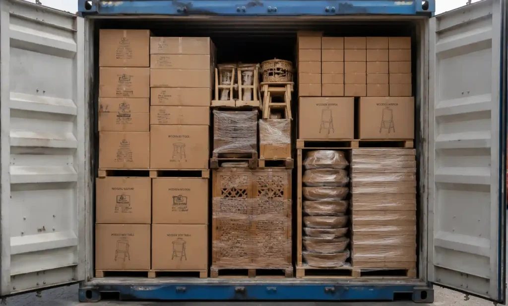 Efficient container loading showing consolidated wooden crafts shipment maximizing space utilization