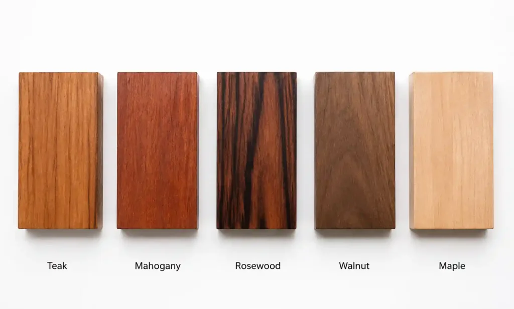 Comparison of teak mahogany rosewood samples showing grain and color