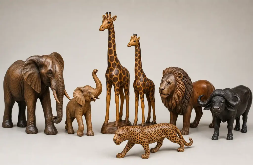 East African wooden wildlife sculptures featuring safari animals including elephants giraffes and lions
