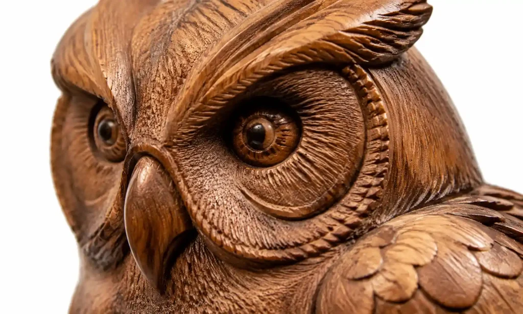 Close-up of handcarved wooden figurine showing craftsmanship details