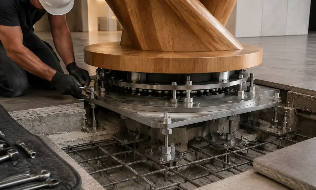 Professional installation of large wooden sculpture showing structural mounting system