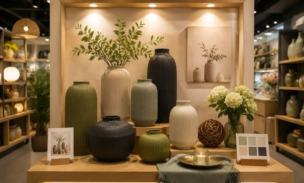 Retail display showing wooden art pieces in styled vignette with lighting