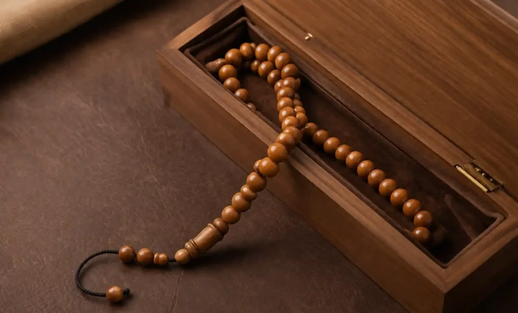 Sandalwood prayer beads in custom wooden presentation box for corporate gifting