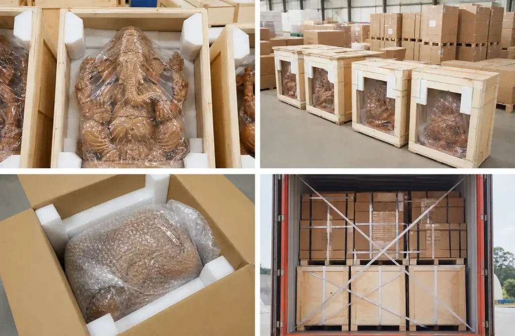 Professional export packaging of wood carvings with protective materials for international shipping