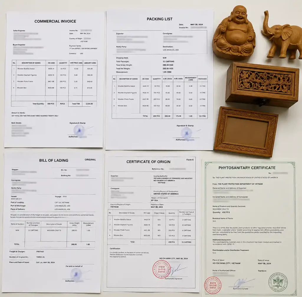 complete wooden craft export documentation including commercial invoice packing list and certificates
