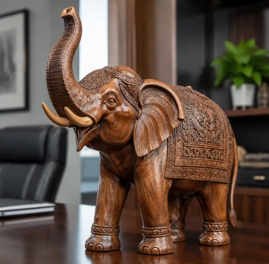 Hand-carved wooden elephant sculpture in corporate office