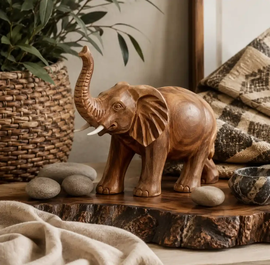 Wooden elephant carving styled with natural materials in rustic vignette
