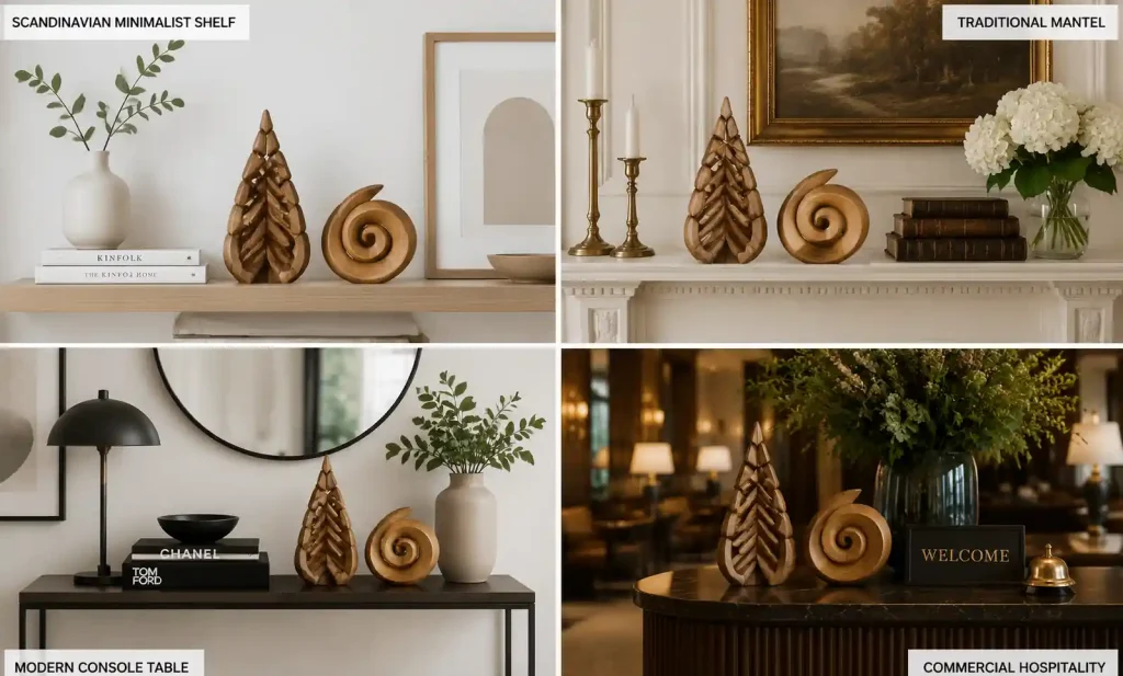 Wooden ornaments placed in various interior design styles from minimalist to traditional