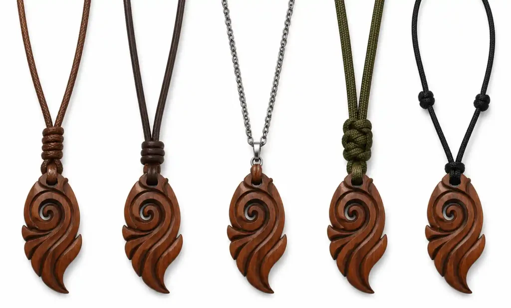 Wooden pendant with different cord and chain attachment options