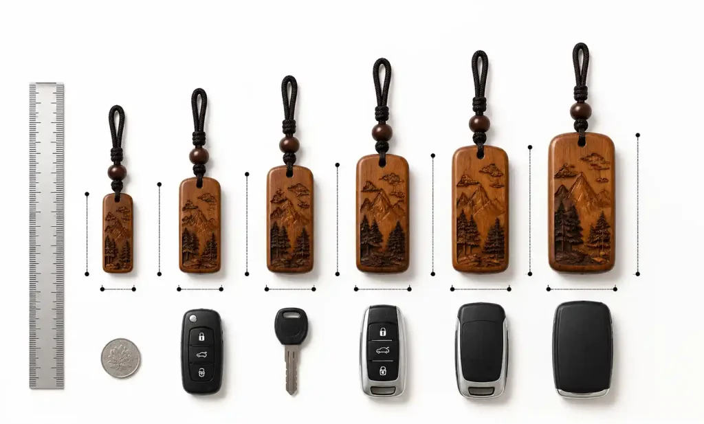 Wooden car pendants in various sizes from 2 to 6 inches with measurement reference