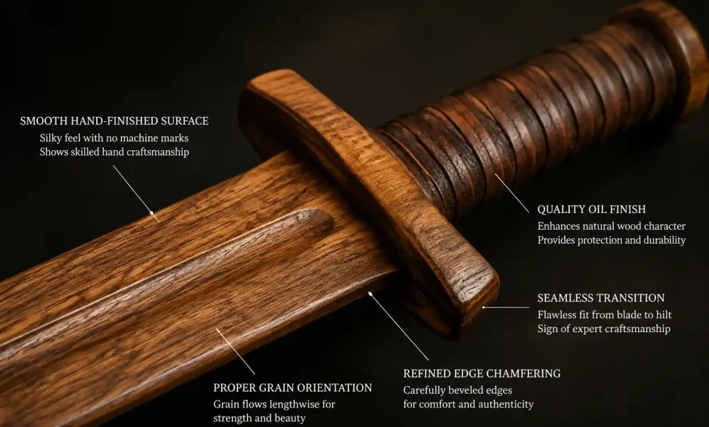 Close-up detail of hand-carved wooden sword hilt showing grain pattern and finishing quality