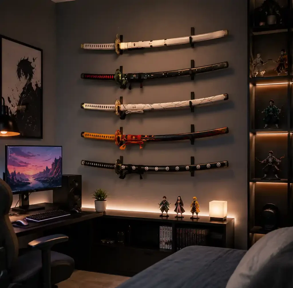 Anime wooden sword collection displayed on wall mount system