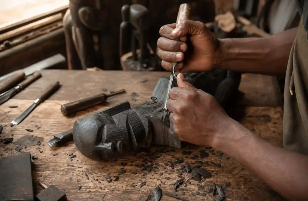 African artisan hands carving dark ebony or blackwood sculpture showing traditional craftsmanship