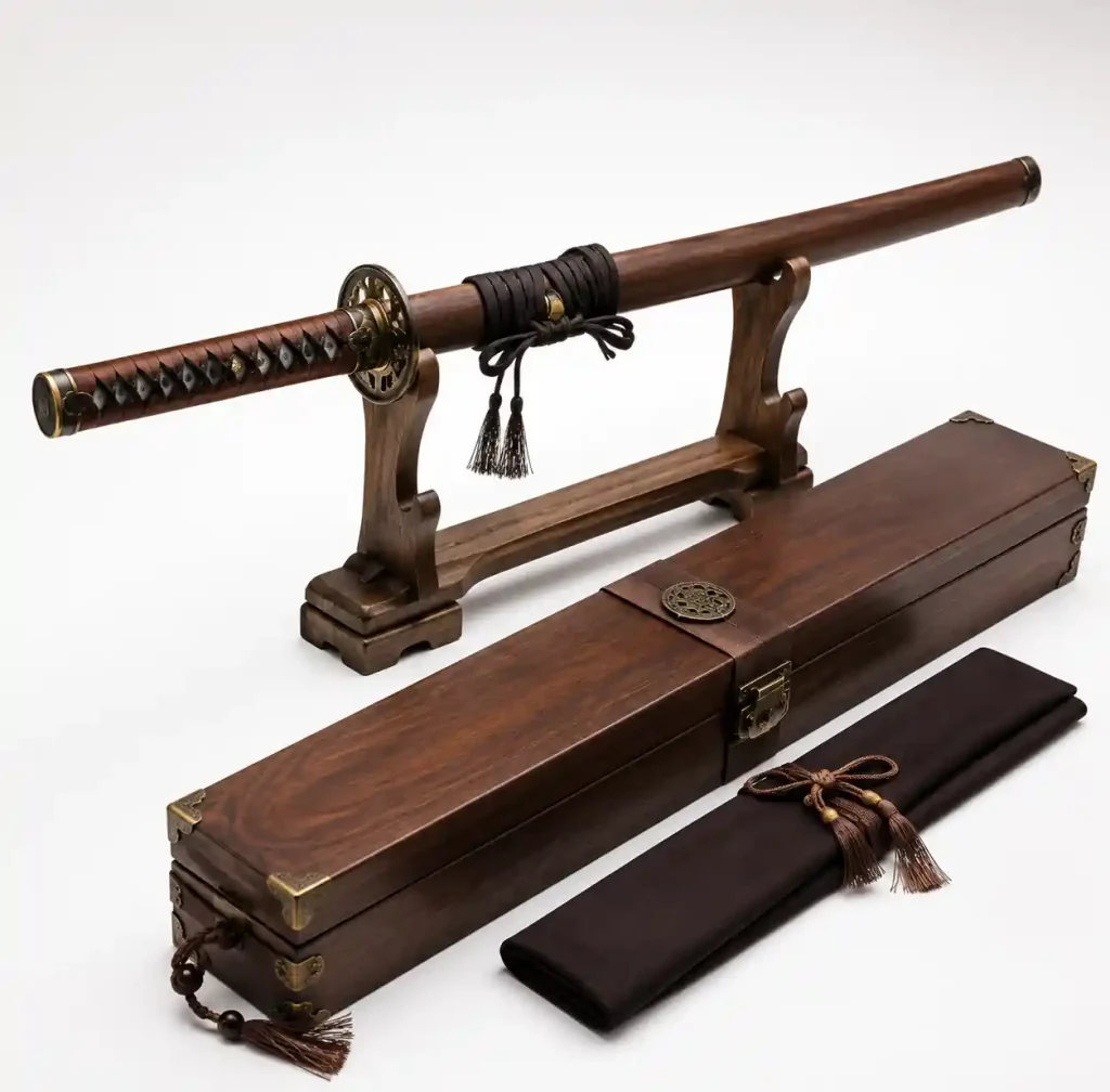Anime wooden sword presented as gift with display stand and packaging