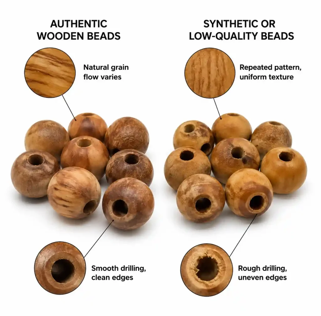 comparison showing authentic wood grain versus fake stained beads quality indicators