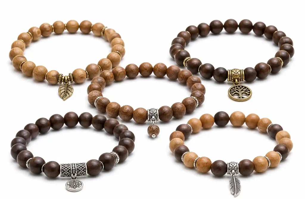 Wooden bead bracelet with quality metal spacers and charm details