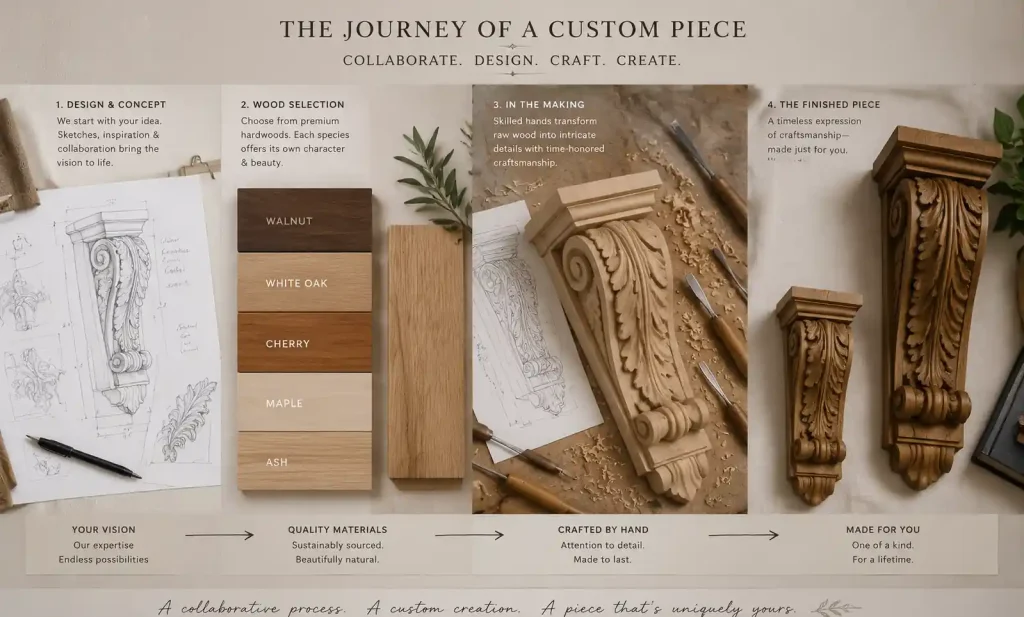 Custom wooden ornament design process showing sketches and finished pieces
