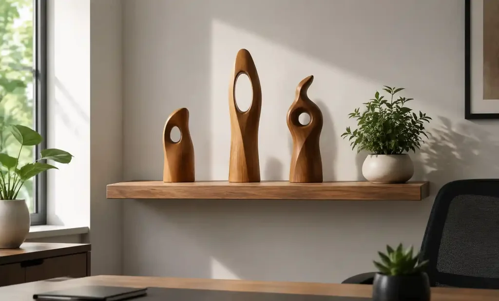 Wooden figurine collection displayed on office shelf