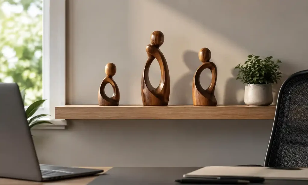 Wooden figurine collection displayed on office shelf