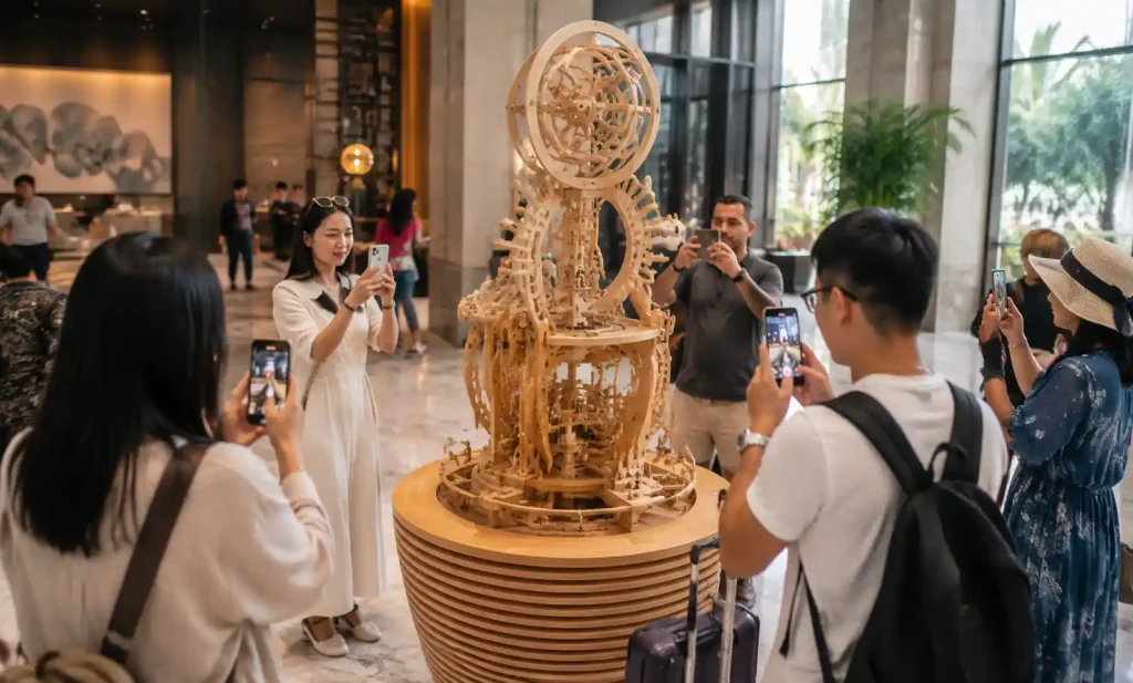 Hotel guests engaging with and photographing large-scale wooden kinetic sculpture
